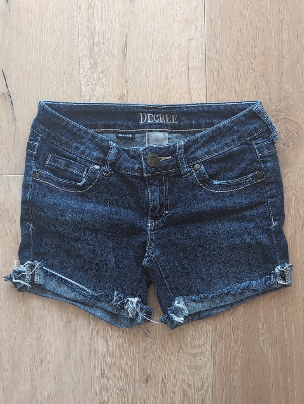 Decree Dark Wash Distressed Denim Shorts